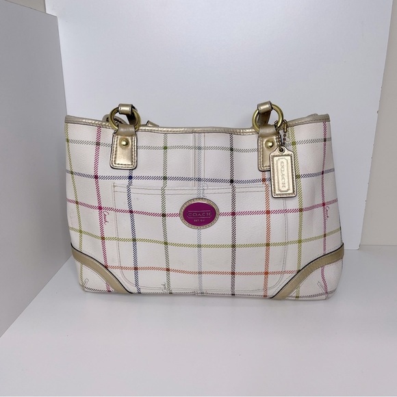 Coach F19176 Peyton Tattersall Plaid Satchel Tote Coated Canvas Ivory Multi H013 - Picture 16 of 16
